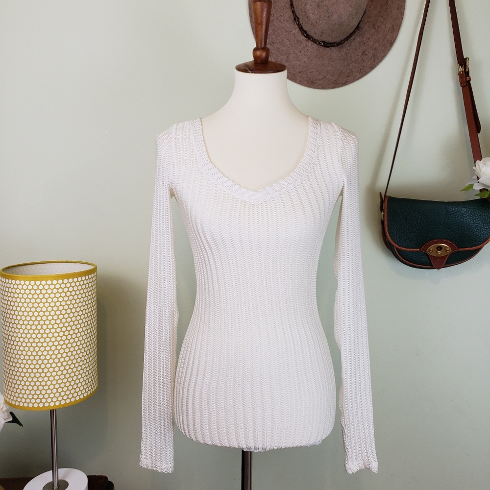 We The Free Cream Mesh Herringbone V-Neck
